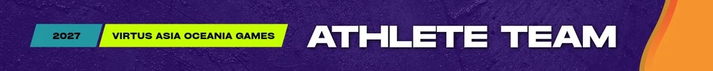 A banner with a dark purple textured background and bold orange curved graphic on the right edge. On the right in large bold white lettering is "Athlete Team" On the left on a teal and lime green banner are the words "2027 Virtus Asia Oceania Games".